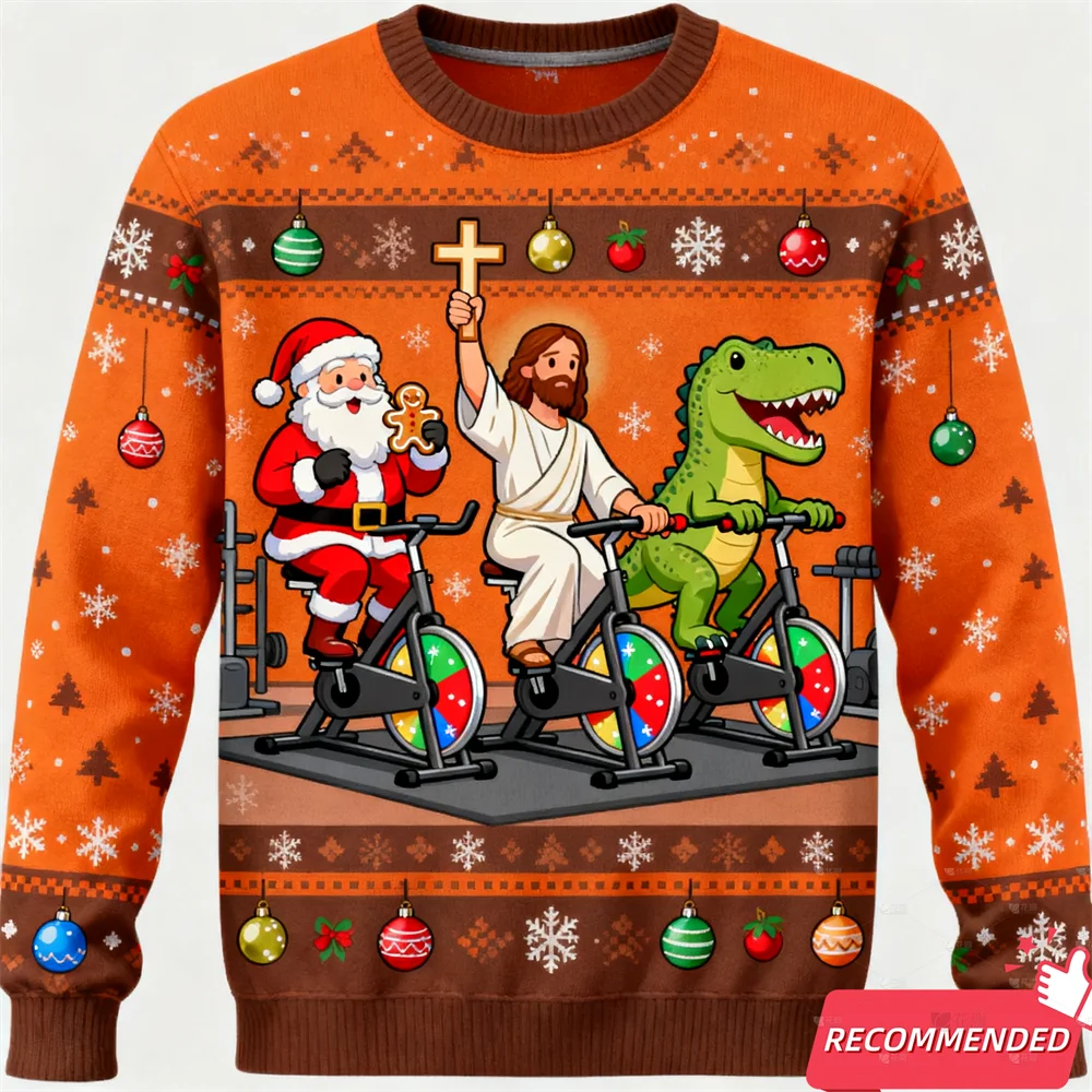 Maxy Christmas Sweatshirt For Men Dinosaur Funny Jesus Santa Ugly Sweater Fashion Unisex Streetwear Xmas Kids Y2k Tracksuit Tops