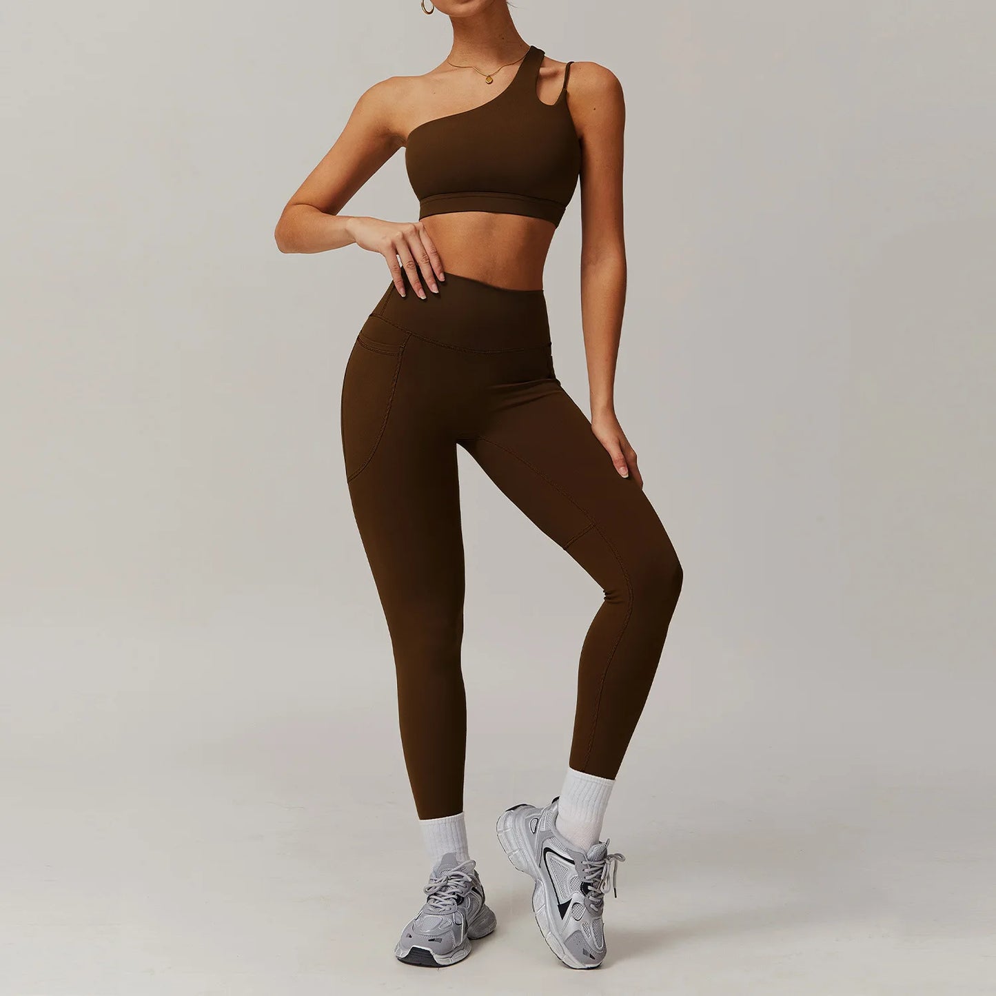 Maxy Sportswear Yoga Set Quick-Dry Tight Suit With Pocket Sports Women Tracksuits Asymmetric Shoulder Running Gym Leggings