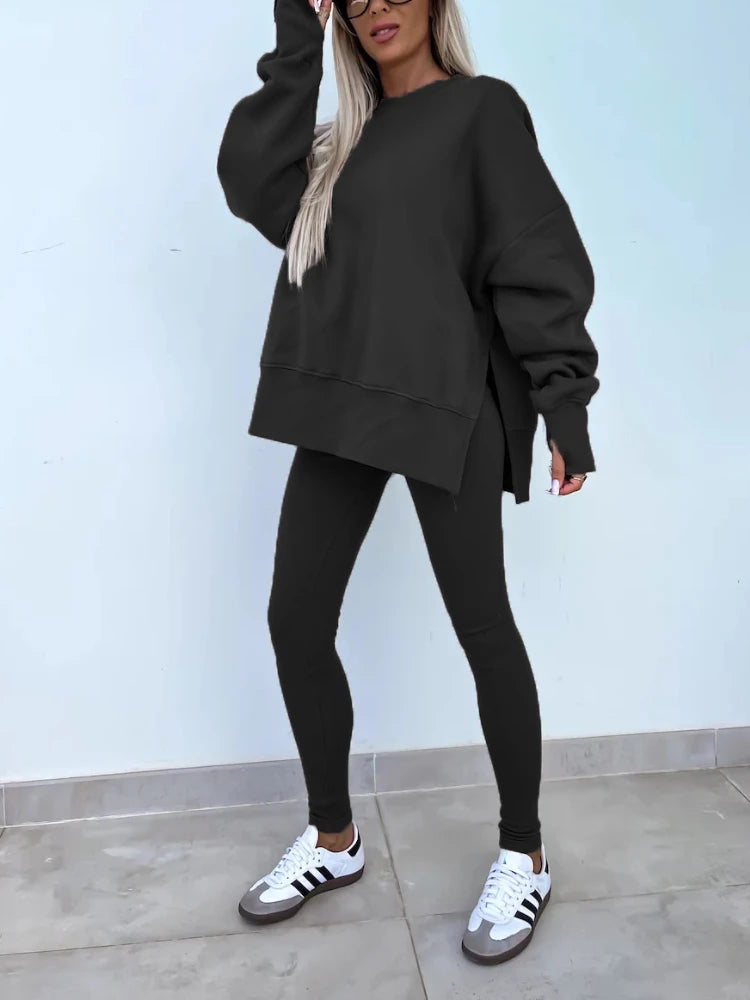 Maxy New in Women Tracksuit 2 Piece Sets Autumn Casual Oversized Sweatshirts Slit Fitness Slim High Waist Leggings Hoodie Set Female