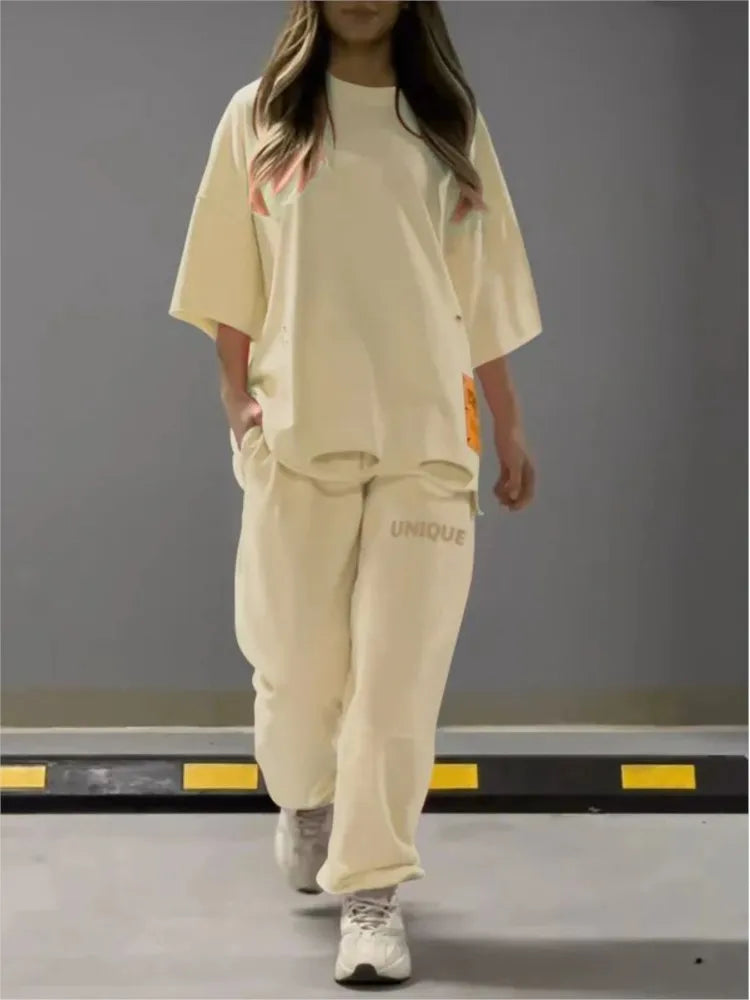 Maxy Summer New Fashion Hollowed Out O Neck T Shirt Women's 2 Piece Set Solid Color Casual Relaxed Tracksuit Pants Pocket Female Suit
