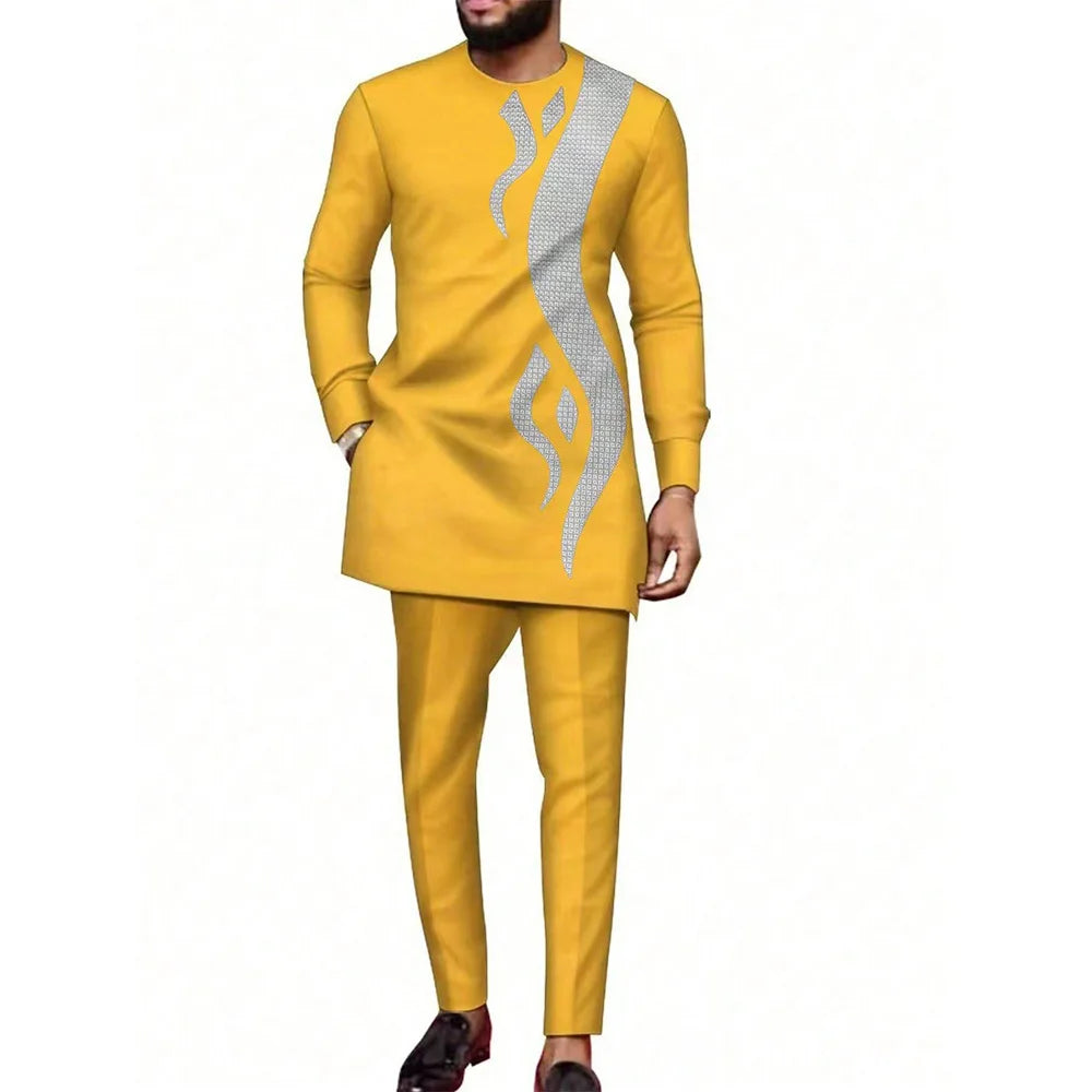 Maxy New African Traditional Men's Set Round Neck Long Sleeve Yellow Luxury Two Piece Dashiki Wedding Party Festival Men's Suit