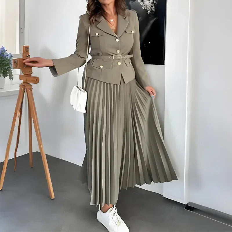 Maxy Women's Two Pieces Set Blazer Lady Pleated Long Dress Spring New in Matching Sets Button Temperament Elegant Women's Sets