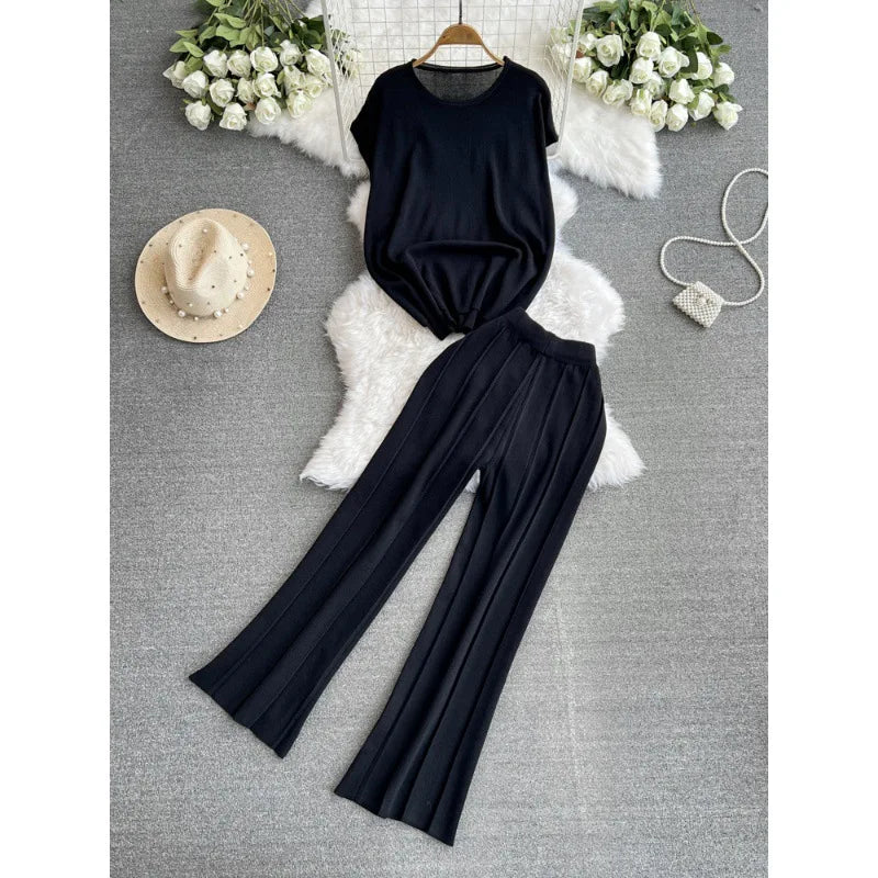 Maxy Fashion Pants Suit Women Korean-style Loose O Neck Knitted T-shirts Tops High Waist Straight Wide-leg Pants Women Two-piece Sets