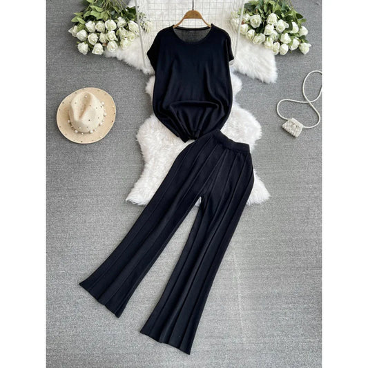 Maxy Fashion Pants Suit Women Korean-style Loose O Neck Knitted T-shirts Tops High Waist Straight Wide-leg Pants Women Two-piece Sets