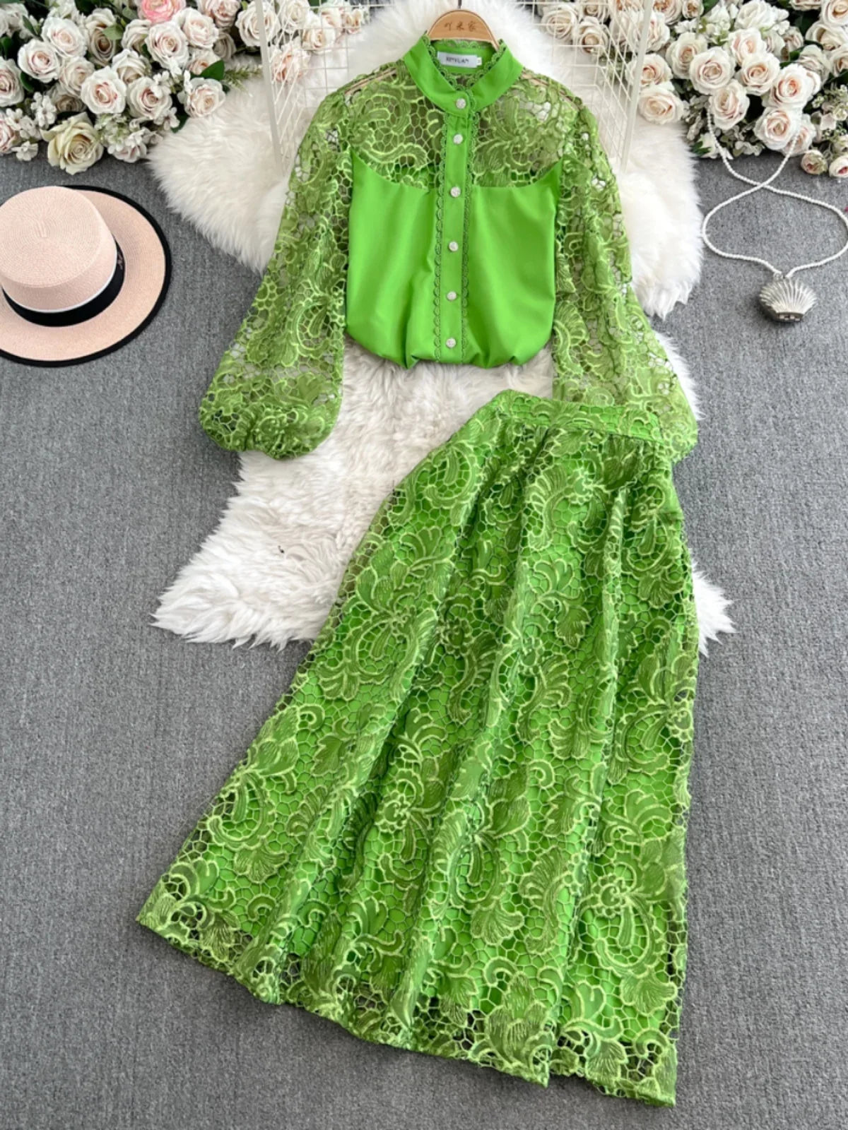 Maxy French Style Suit for Women's Fashion with Hollowed Out Hook Flower Lace Lng Sleeves Shirt+high Waisted A-line Skirt