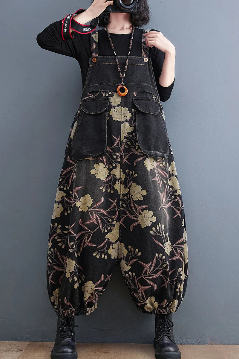 Maxy Slimming Floral Print Denim Overalls Women's Loose Fit High Waist Long Pants Autumn Season Fation plus Size Jeans Overalls
