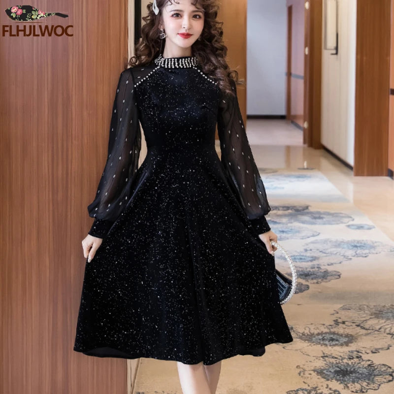 Maxy New Year Retro Vintage French Design Dresses Women Bead Bling Evening Party Elegant Annual Meeting Slim Black Velvet Dress Long