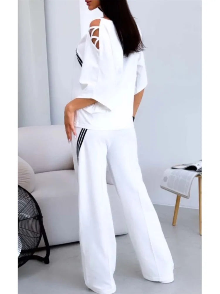Maxy Spring Summer Women Fashion Two Pieces Sets New Off-the-shoulder Loose Short Sleeve Top And Pants Suits Outfits Clothing