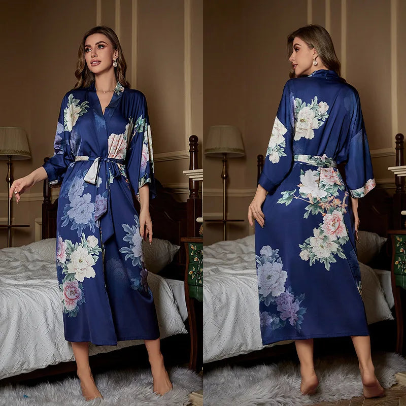 Maxy Japanese Style Half Sleeve Kimono Bathrobe Gown Female Long Robe Nightgown Sleepwear Loose Satin Print Flower Home Dressing Gown