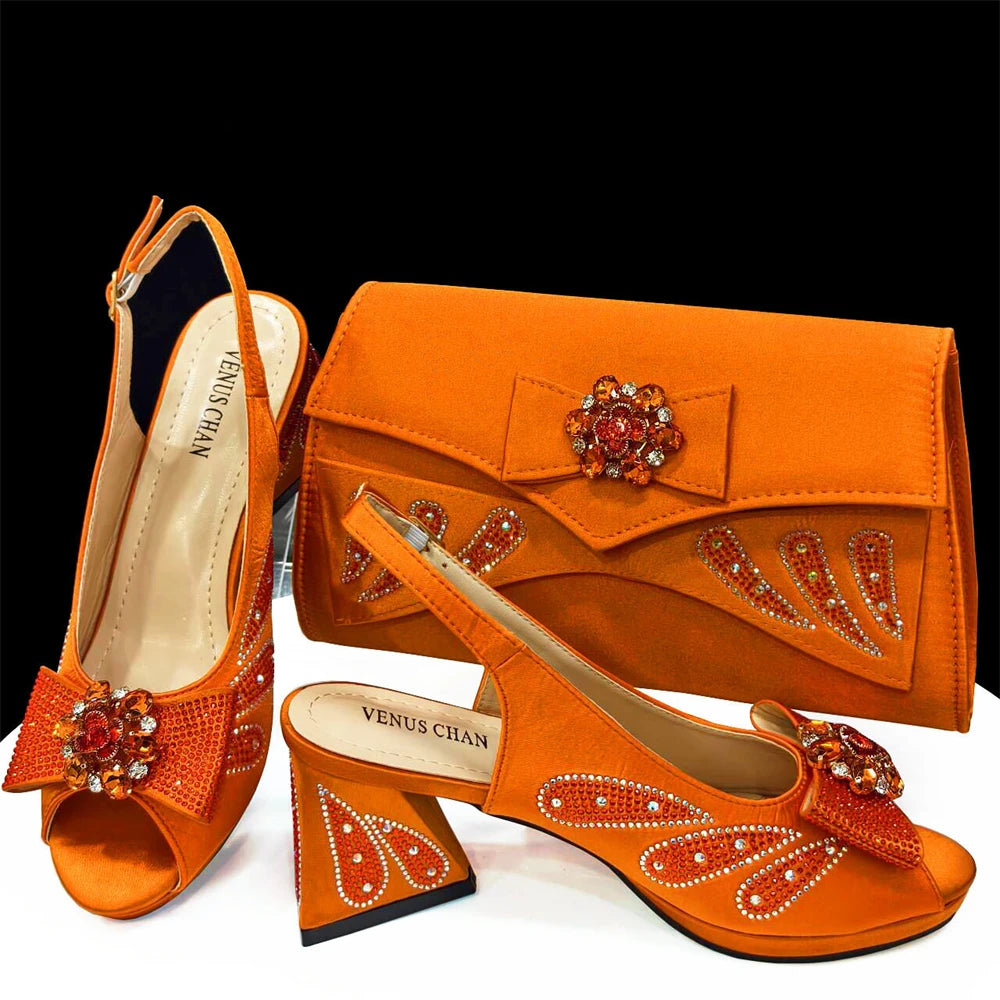 Maxy Shoes And Bag Sets for Evening Party with Stones Italian Leather Handbags Match Bags!