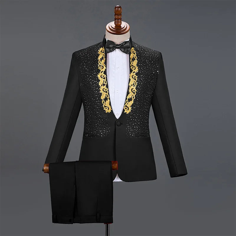 Amay Royal Blue Sequin Embroidery Suit Men Wedding Groom Tuxedo Suits Pants Mens One Button Peak Lapel Stage Costume Traje Hombre 2XL