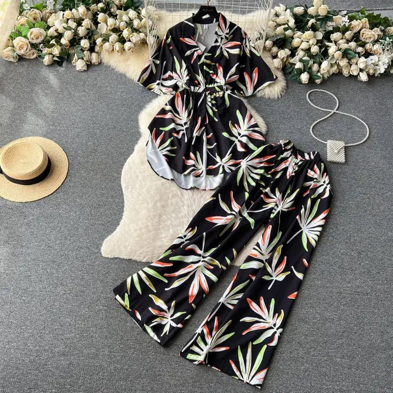 Maxy Fashion Floral Two Piece Set For Women Print Short Sleeve Lapel Tops+High Waist Wide Leg Pants 2 Pieces Sets Summer Suit