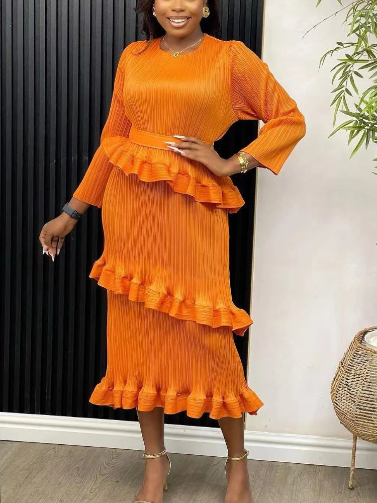 Babs Elegant Dresses for Women Long Sleeve O Neck Layered Ruffles Trim Bodycon Dress with Belt Stylish Chic Female Spring Outfits