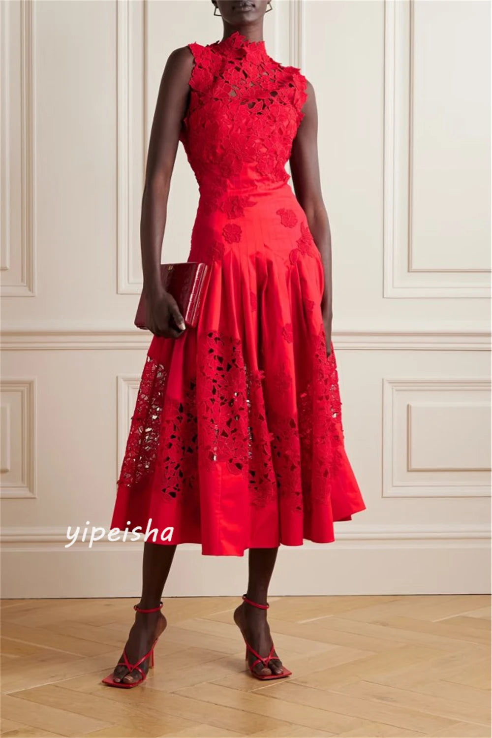 Maxy Customized Evening Jersey Pattern Sequined Ruched Birthday A-line High Collar Bespoke Occasion Gown Midi Dresses