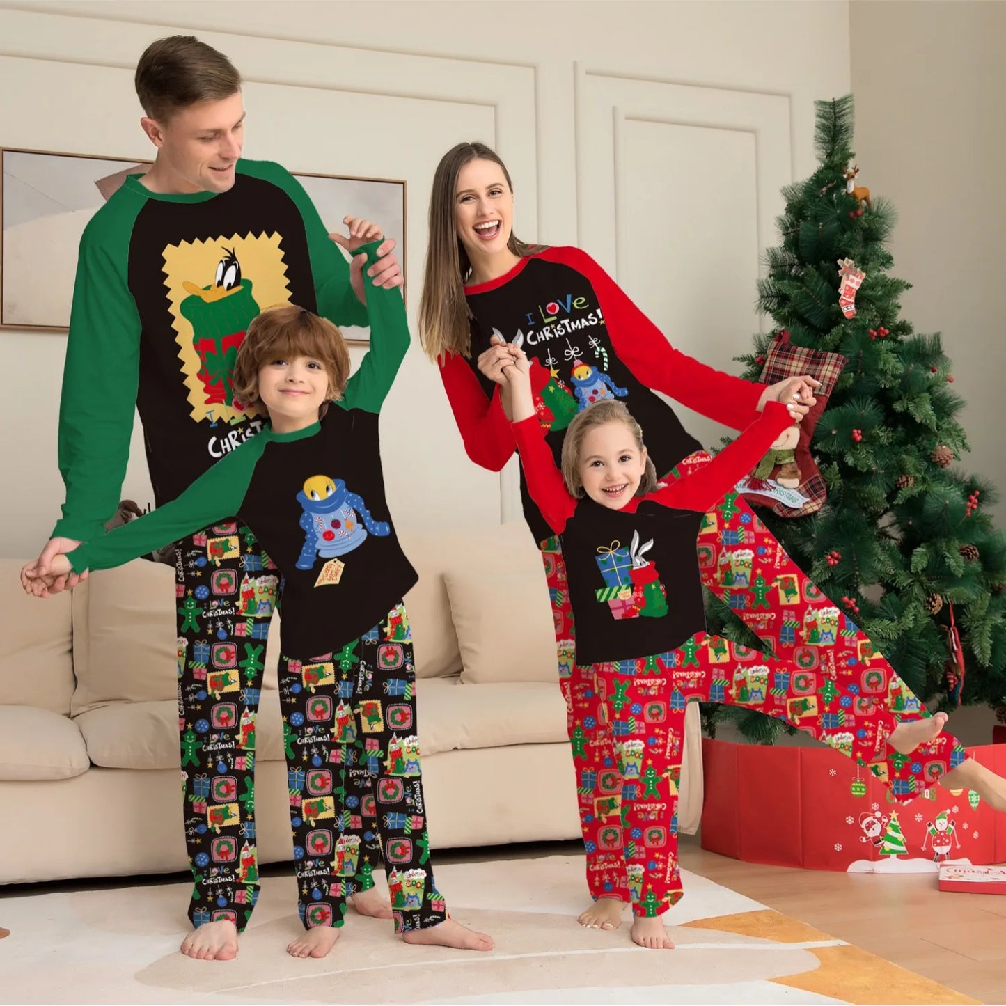 Family matching holiday pajamas red and green set, 2024 new color matching cute pattern Christmas family pajamas pants home wear