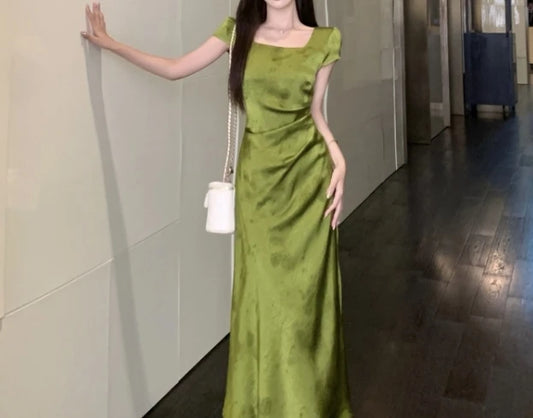 Maxy Elegant  Vintage jacquard satin short sleeve Chic print  Fairy core Slim Evening Long dress High Street Plus Size Clothing