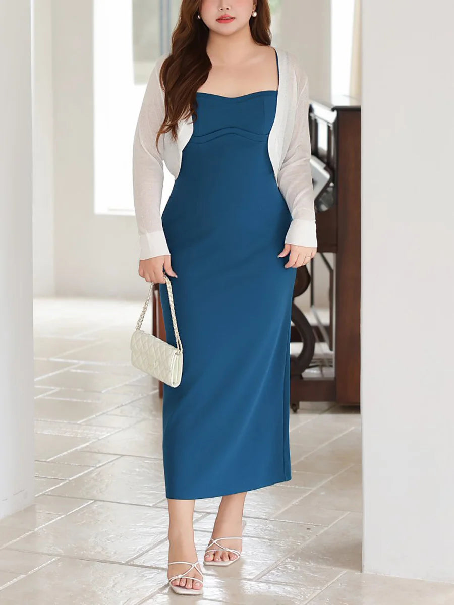 Maxy 3D Breast Cup French Slim Waist Solid Color Strap Dress Premium Plus Size Women Square Collar Back Slit Long Formal Dress 9182