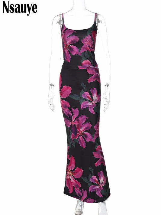 Maxy Women Party Sexy Skirt Dress New in Matching Two Piece Set Outfits 2025 Summer Tie-Dye Print Crop Top Long Club Skirt Set