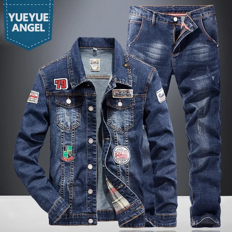 Maxy Motorcycle Bikers Denim Two Piece Set Fashion Jacket Jeans Mens Sets Streetwear Spring Long Sleeve Outerwear Pants Matching Sets