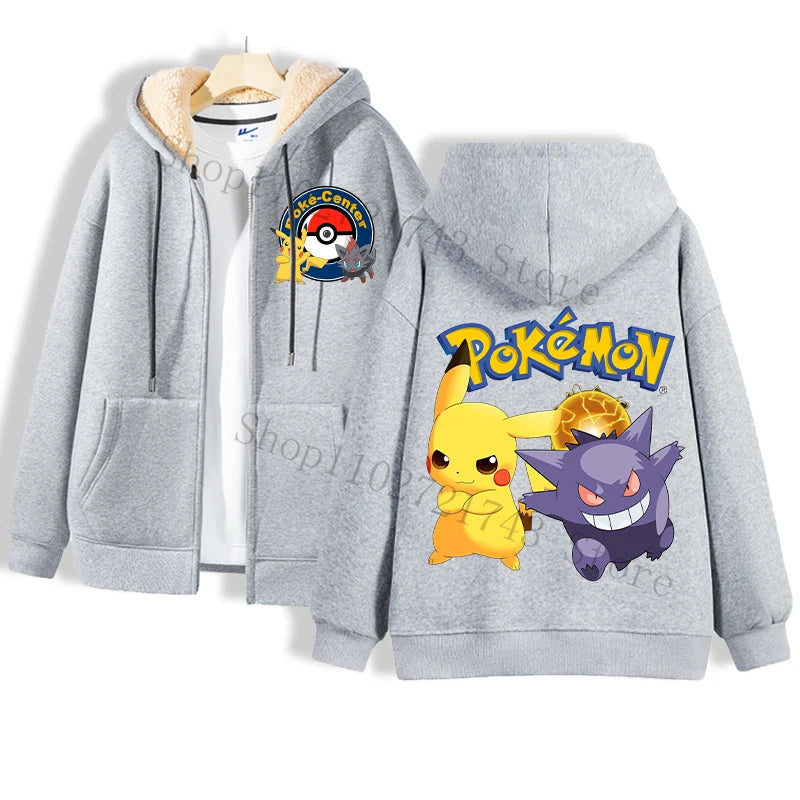 Maxy Pokémon Lamb Wool Coat for Men Women Pikachu Anime Cartoon Fashion Zipper Hooded Jacket Boys Girls Winter Warm Hip Hop Coats