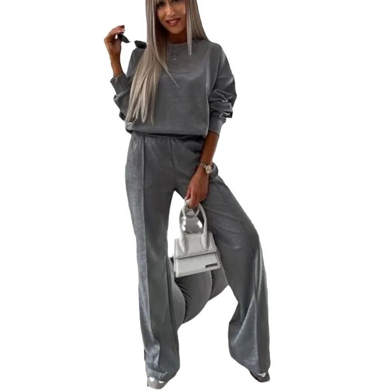 Maxy Spring Autumn Women's Clothing Set Lady's Pullover Tops O-neck Sweatshirt + Solid Color Pants Women's 2 Piece Outfit Set