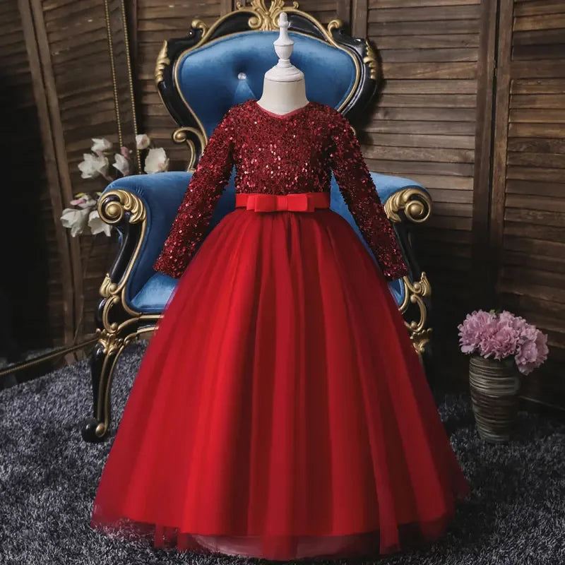 Maxy Fashion Glitter Flower Girl Dresses for Weddings Long Sleeve Kids Clothes Girls Dresses  Spring & Autumn Girls Party Dresses