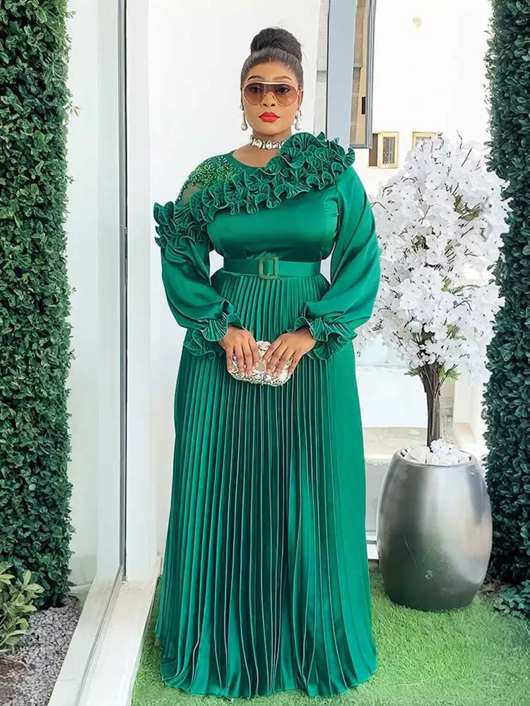 Maxy Woman Autumn Clothes Maxy Long Sleeve Dress with Belt Evening Birthday Elegant and Chic Pleated Dress Plus Size Party Dress