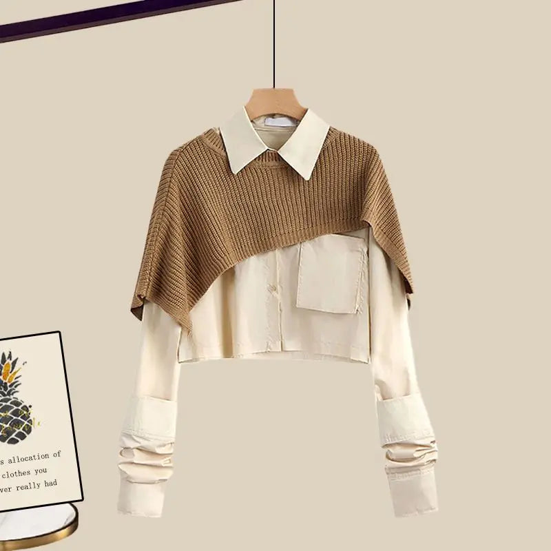 Maxy Women's Autumn and Winter Set New Loose Shawl Shirt High Waist Knitted Half Skirt Minimalist Fashion Two Piece Set