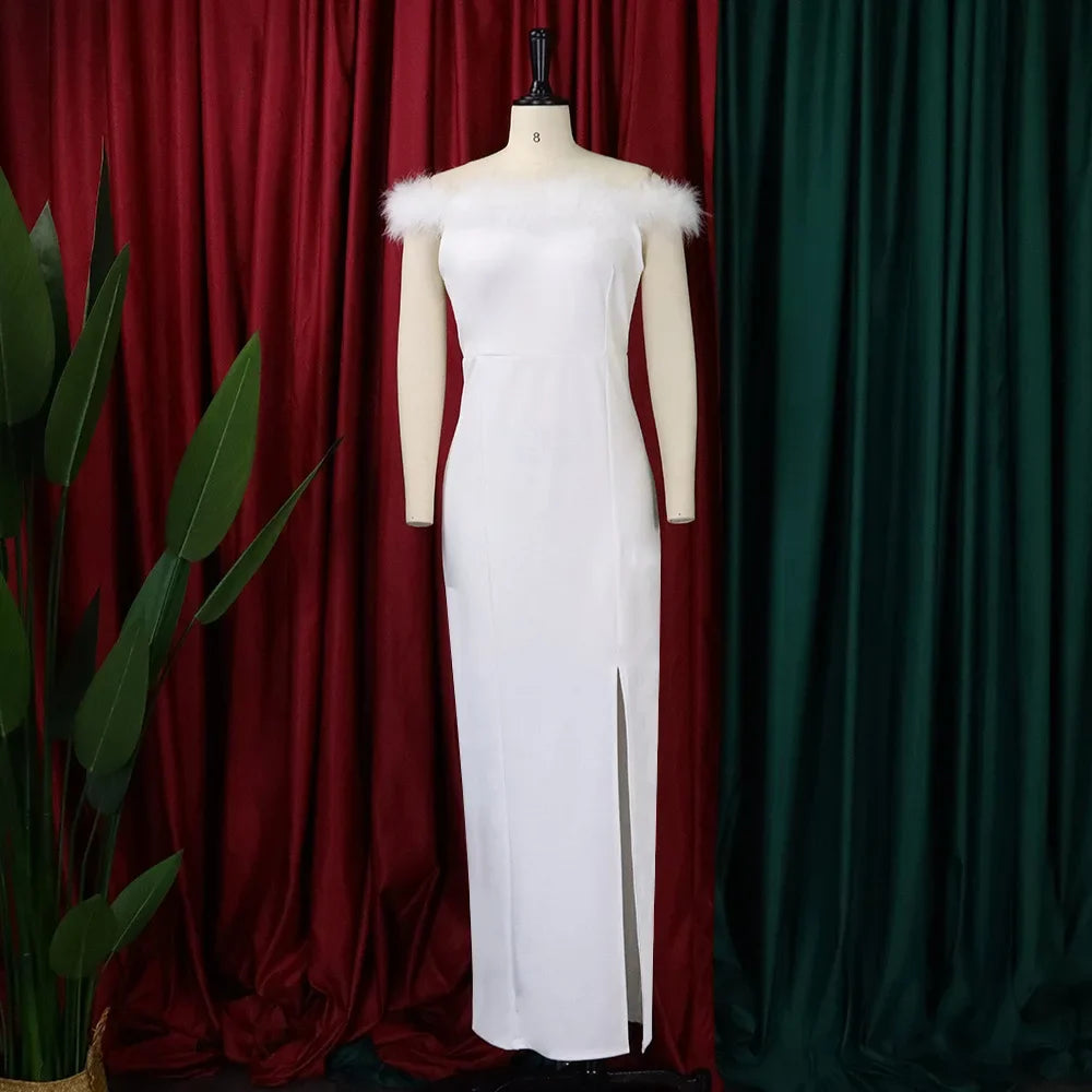 Summer Women’s Feather Party Evening Party Dresses Off Shoulder Slim Split Long Dress Vestidos De Verano Mujer Plus Size 9XL 8XL