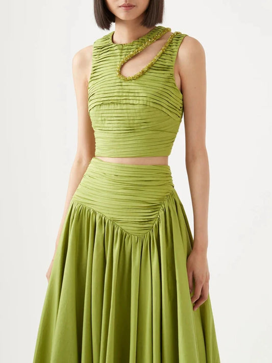 Maxy Slim Two Piece Sets For Women Round Neck Sleeveless Hollow Out Pleat Crop Tops Irregular Hem Pleated Skirt Solid Set Female