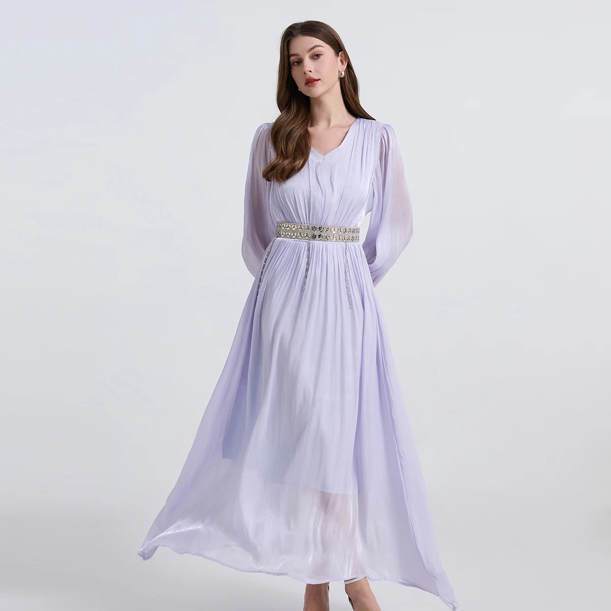 Maxy Solid Beaded Diamonds Ruffle Chiffon Satin Dress for Women‘s V-Neck Long Puff Sleeve Long Maxy Dress Evening Party Robes Femme