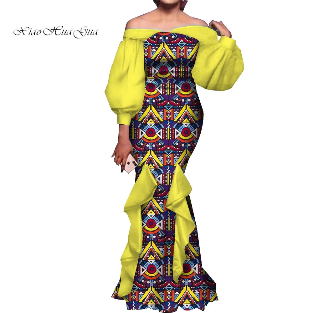 Amay Fashion Women Ankara Dresses Flash Neck Puff Sleeve Long Dress African Dress Robe Africaine Femme Evening Mermaid Dress WY1848