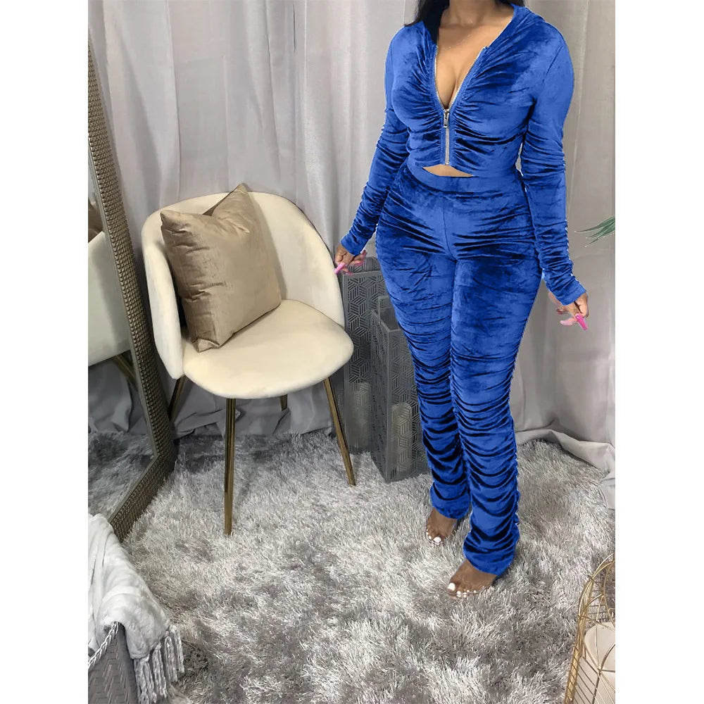 Maxy Autumn Winter Velvet Tracksuit Two Piece Set for Women Matching Sets Ruched Hoodies Jacket Stacked Pants Joggers Sweat Suits