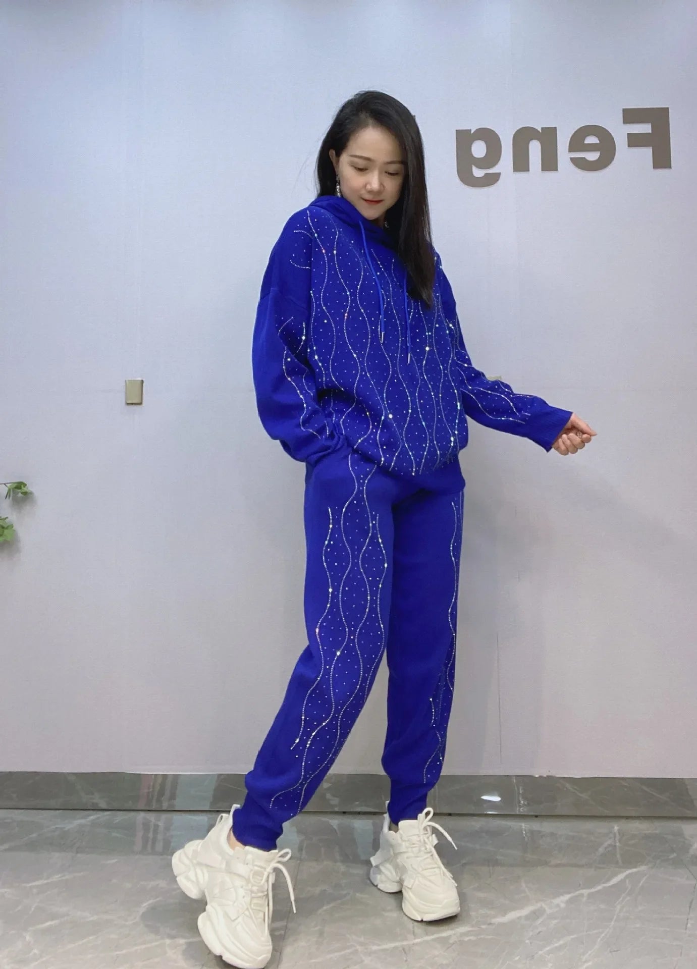 Maxy Fashion Striped Diamonds Sweater Set with Long Pants Women Autumn Tracksuit Loose Casual Hooded Two Piece Sets Womens Outifits