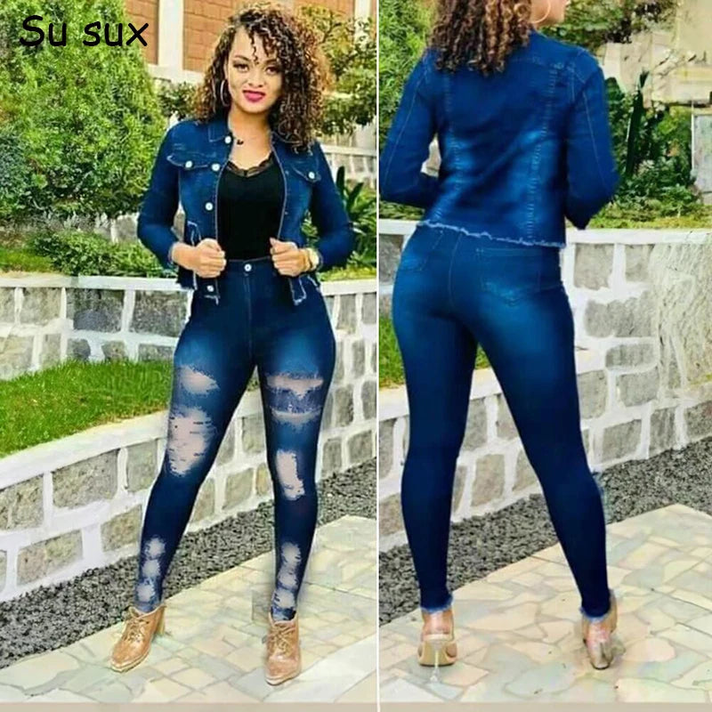 Visco Denim Hole Slim Pencil Pant Sets Tracksuit Women Jeans 2 Piece Set Casual Turn Down Collar Long Sleeve Jacket Coat Outfits Vesti