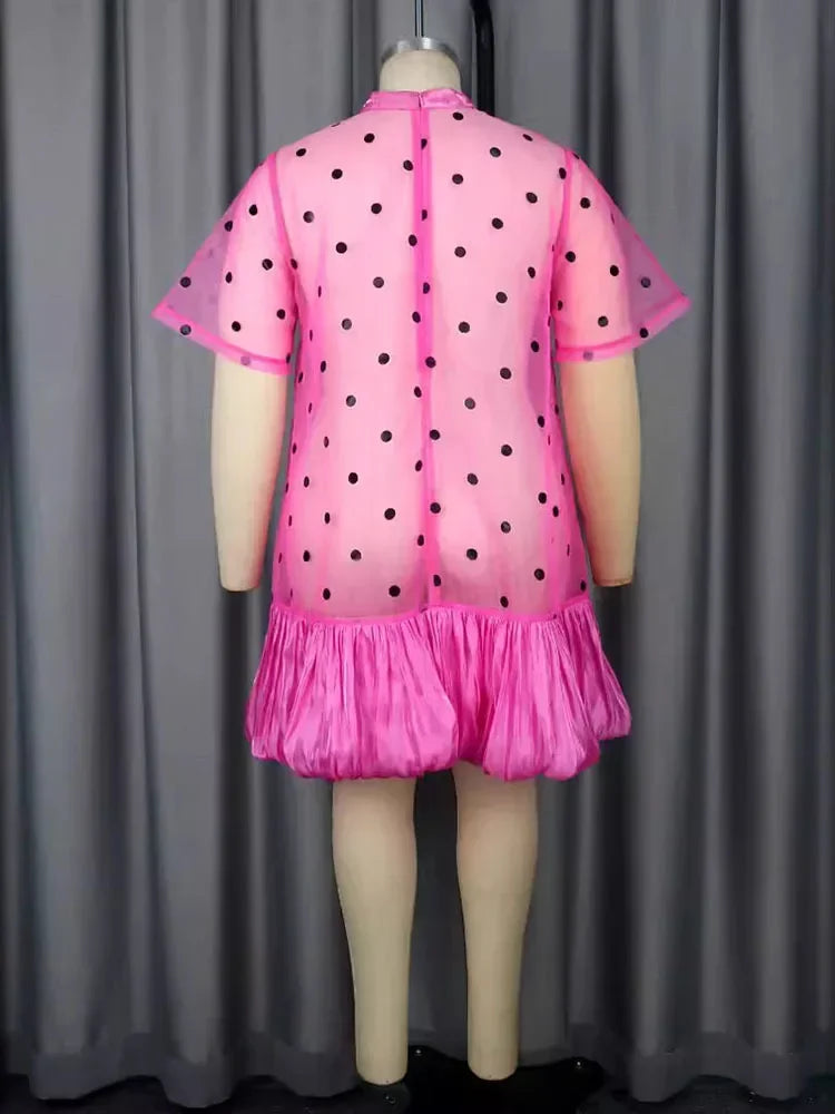 Maxy Pink Polk Dot Ruffle Hem Plus Size Dress See Through Sweet Elegant Casual Party Club Short Sleeve Evening Mini Dress for Women