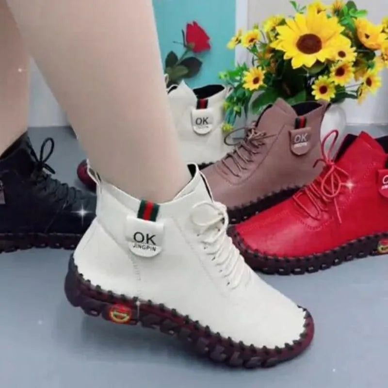 Maxy NEW Women Shoes Autumn Loafers Lace Up Sneakers Casual Flats Solid Soft Bottom Boots Leather High-Top Sneaker Female Shoes