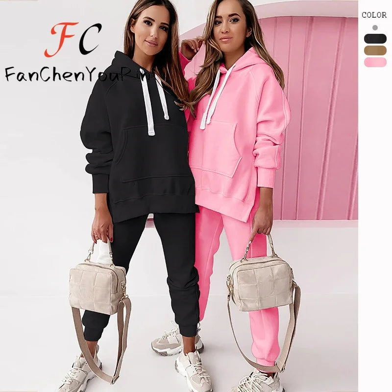 Maxy Fashion New Women's Set Autumn Winter Loose Solid Slits Pockets Hooded Pullover Elastic Waist Casual Pants Two-piece Hoodies Set