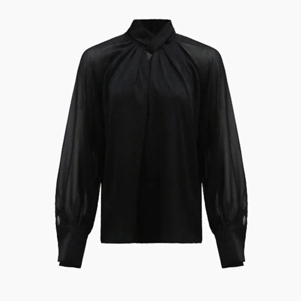 Maxy Solid Minimalist Blouses For Women Stand Collar Long Sleeve Casual Pullovers Shirts Female Fashion Style Clothes