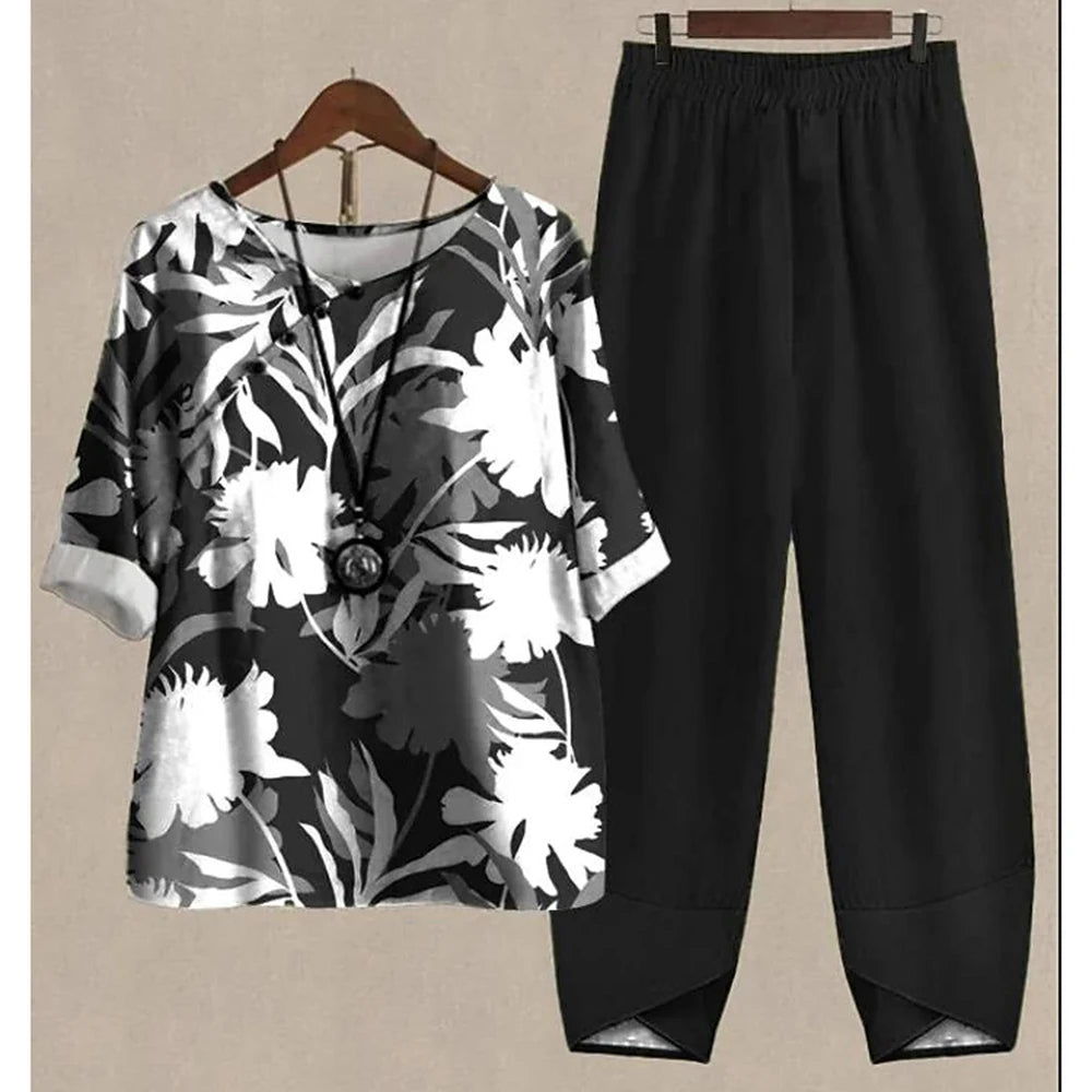Maxy Leaf Printing Women O Neck Short Sleeve Suit Elegant High Waist Pants Fashion Top&Pants Set Casual Outfits Two Piece Sets Summer