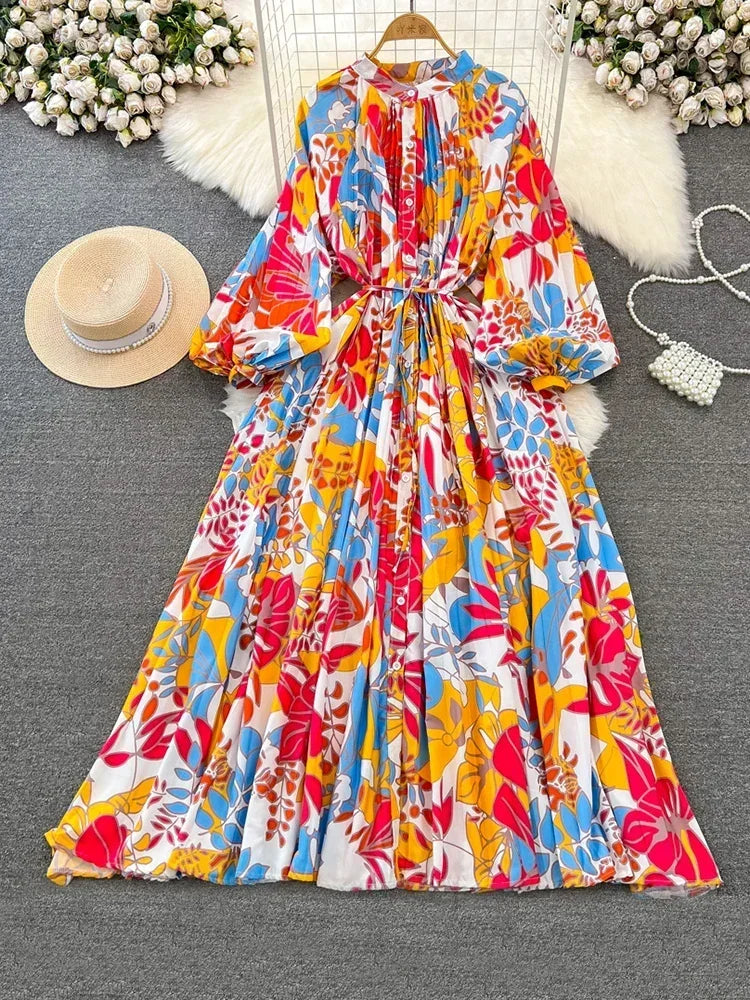Maxy New Spring Autumn Retro Print Pleated Long Dress Femininity Small Stand-up Collar Puff Sleeve Slim Holiday Dress A116