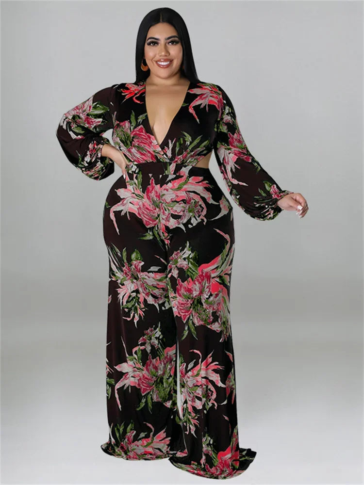 Amay Plus Size Jumpsuit Women Fall Clothes Print One Piece Outfits V Neck Wide Leg Office Ladies Romper