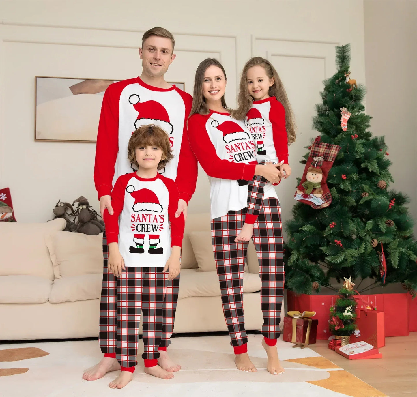 Maxy New Family Christmas Pajamas Santa Plaid Print Matching Outfits Soft Cute Women Men Boys Girls Clothing Set Holiday Clothes