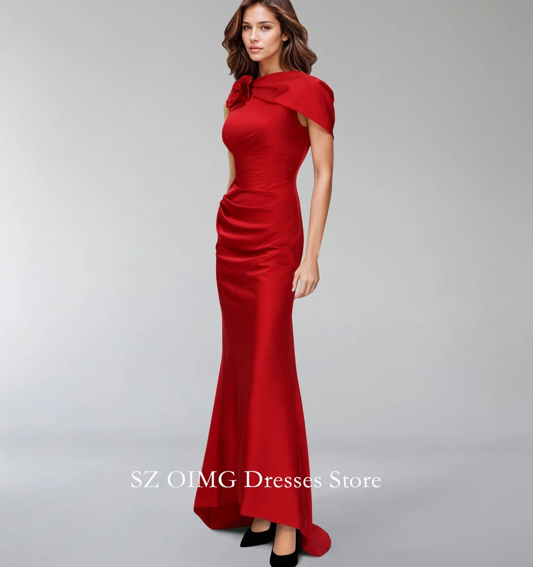 Maxy Satin Classic Red Prom Dresses Sleeveless Dress with Side Capelet and 3D Flowers  Women Evening Gowns Formal Party Dress
