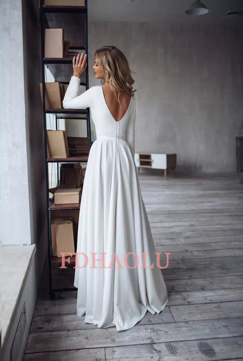 Maxy Customized White Long Sleeve Soft Satin Wedding Dresses Open Back High/Low Beach Boho Bride Gowns A-line Party Dress