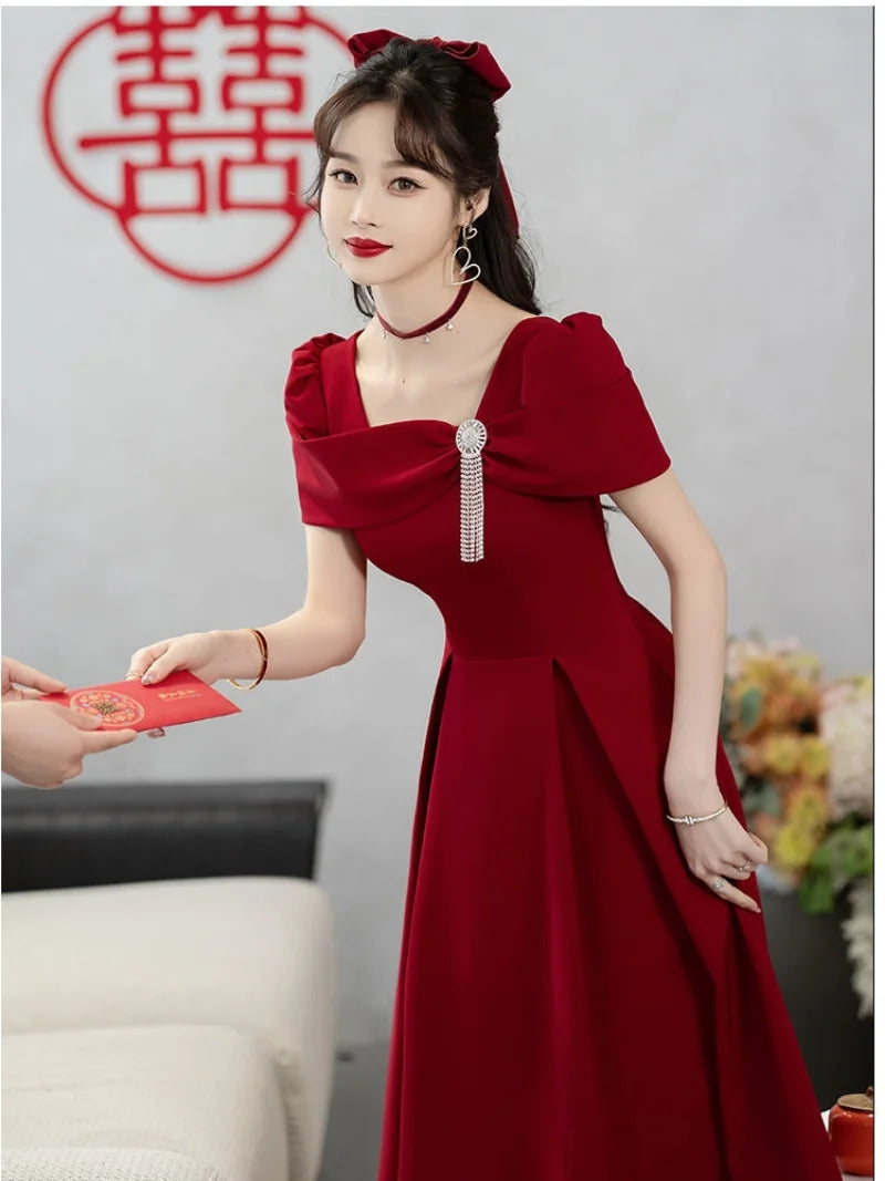 Maxy Temperament Robe Women's Solid Color Spring Summer New Square Collar Long Sleeve  A-line Long Dresses Fashion Female Vestidos