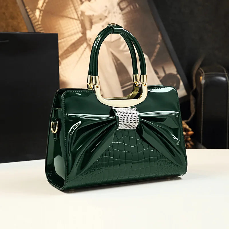 Maxy Women Luxury Designer Glossy Leather Evening Handbags Ladies Casual Crossbody Shoulder Bag Fashion Diamond Bow Tie Totes