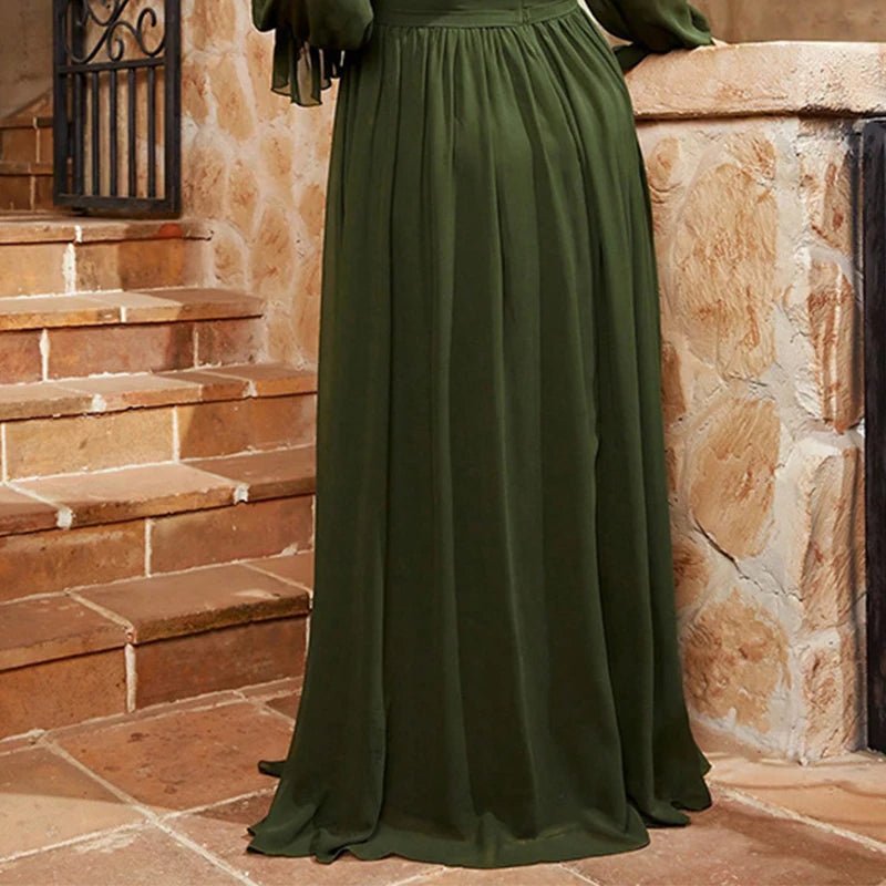 Maxy Plus Size Elegant Green Women's V-Neck Dress Large Size Lantern Long Sleeve Skirt Evening Gown Ball Party Maxy Dresses