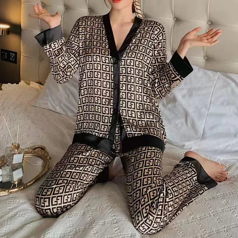 Maxy Ladies Pajamas Spring Autumn Faux Silk Pajama Sets Long Sleeve Cardigan Sleepwear Luxury Women's Pijamas Fashion Pyjamas