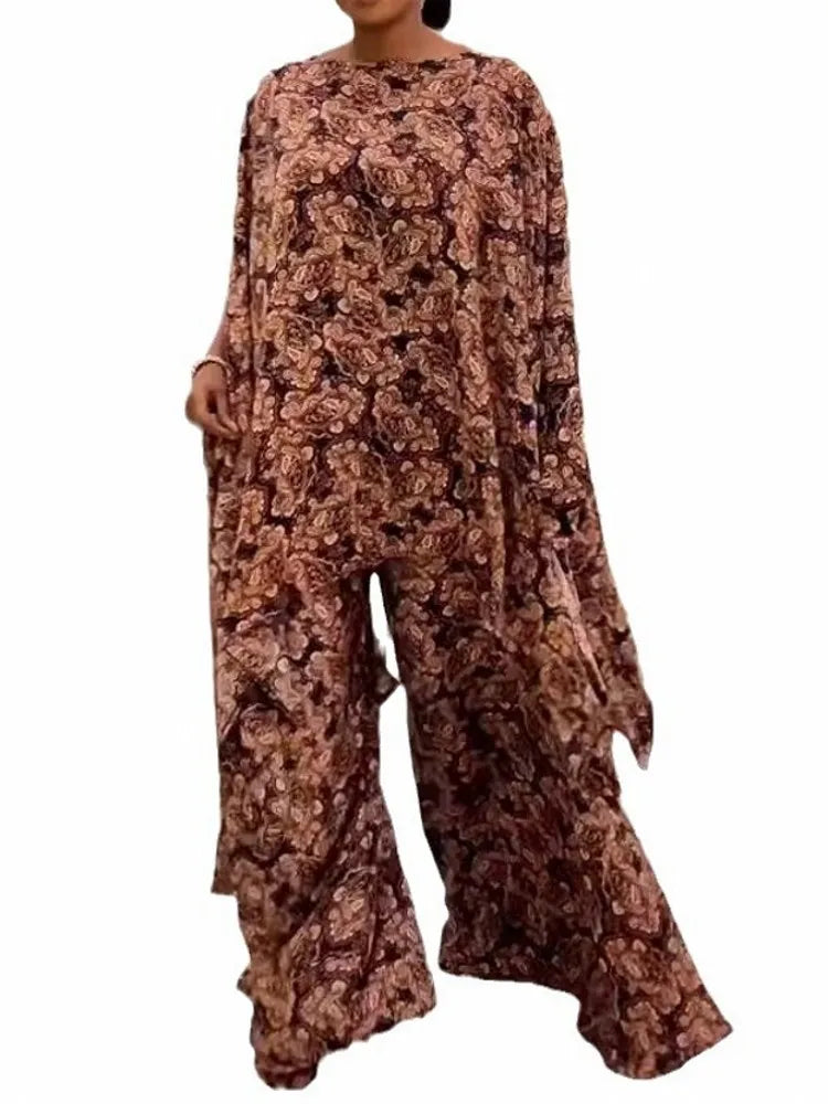 Maxy Two Piece Set Chiffon Africa Clothes For Women African Dashiki Fashion Suit Printed Loose Shawl Top And Wide Leg Pants Suits